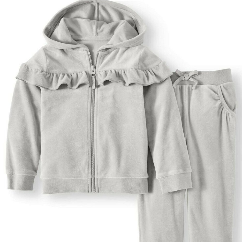 Toddler Girls' Ruffle Velour 2 piece Silver Gray Hoodie set NEW!